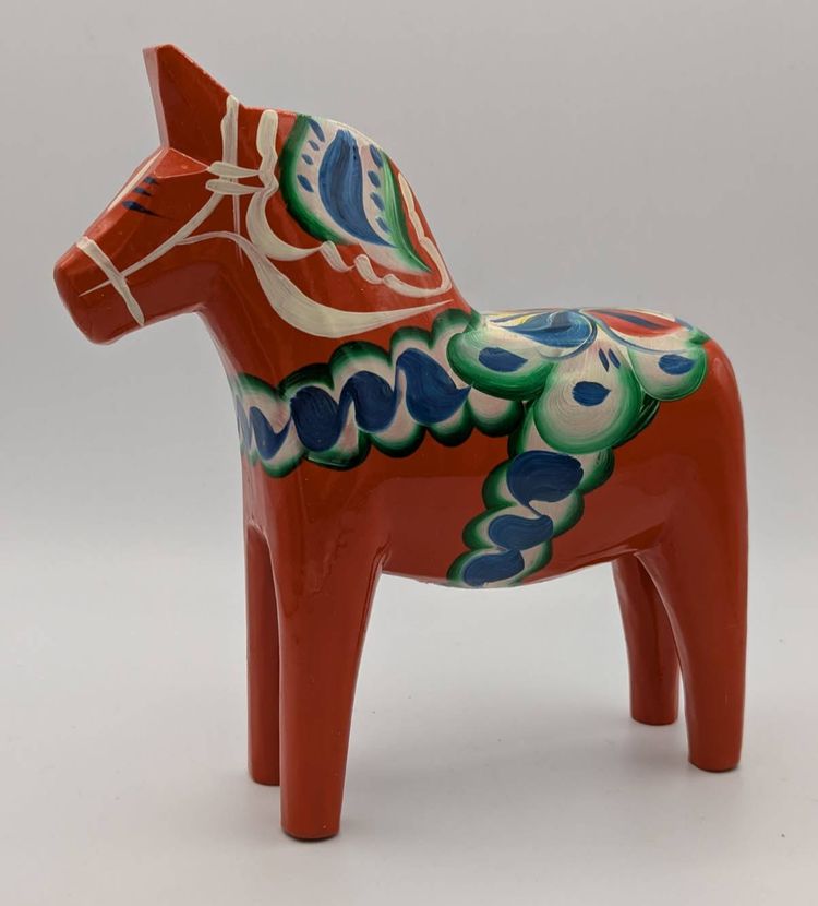 VTG Olsson Hand-Painted Dala Horse Red/Orange Floral Wood Folk Art 7"H Made in Sweden
