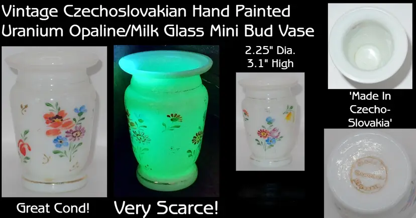 Vintage Rare Czech Handpainted Opaline, Uranium Glass Mini Vase
