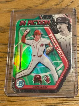 Steele Hall Bowman Draft In Action Green Refractor /99 Cincinnati Reds