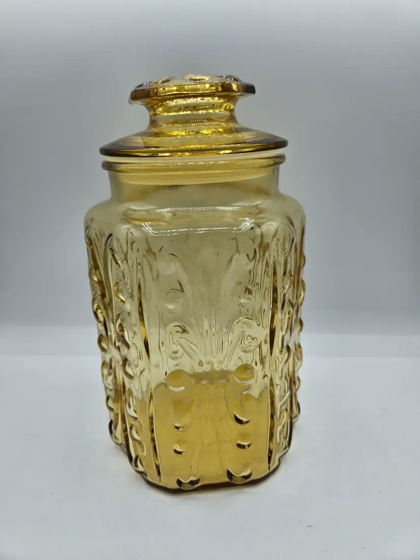 LE SMITH Amber Yellow Scroll Lidded 9.5" Canister
