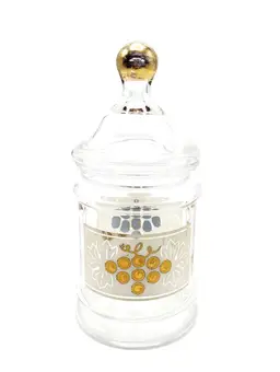 Vintage Glass Apothecary Lidded Jar Gold Grape Design Retro Vanity Decanter Dish