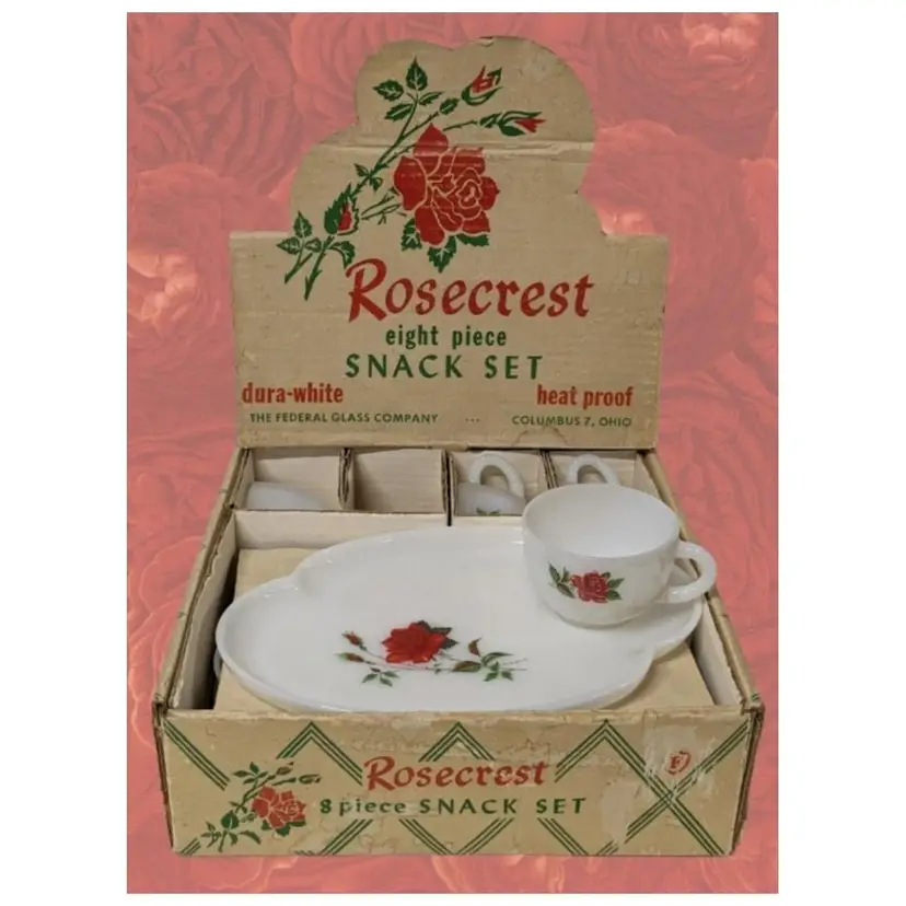 Vintage ROSECREST Eight Piece Snack Set (4 each Milk Glass Cups & Plates) from The Federal Glass Company with Original Box