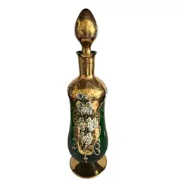 Vintage Bohemian- Green & Gold Glass Decanter – 13” Hand-Painted with Enamel Florals