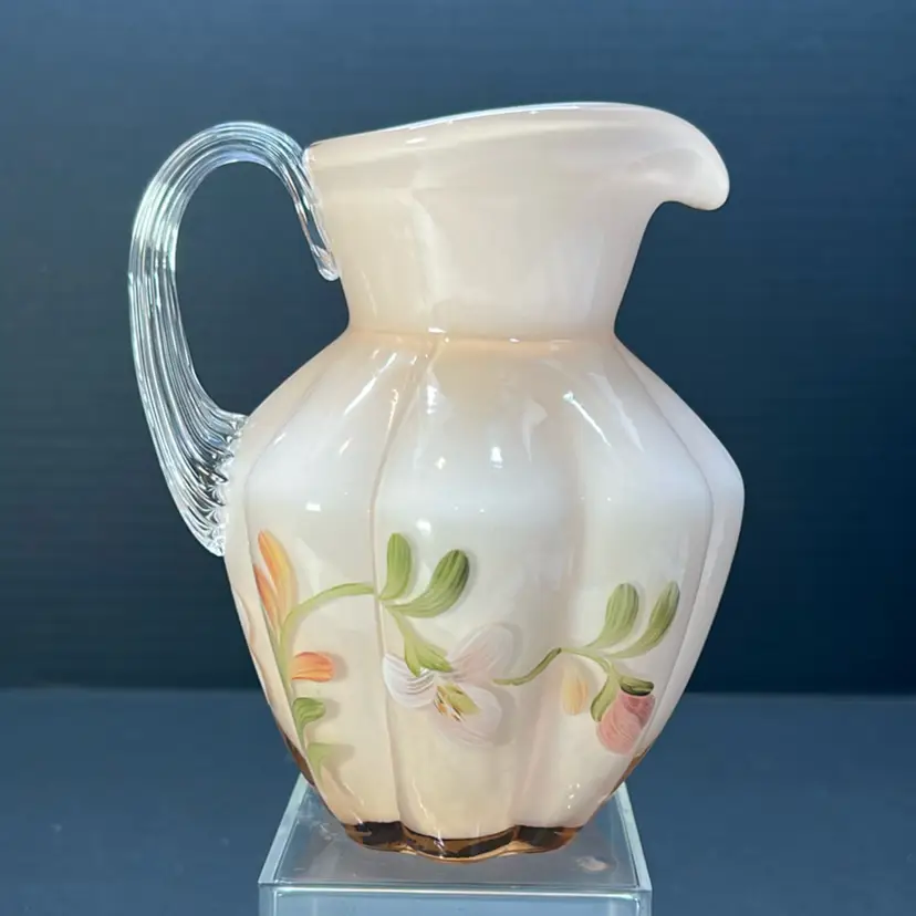 Fenton Art Glass Melon Pitcher Peach Pink Hand Painted Floral Pattern