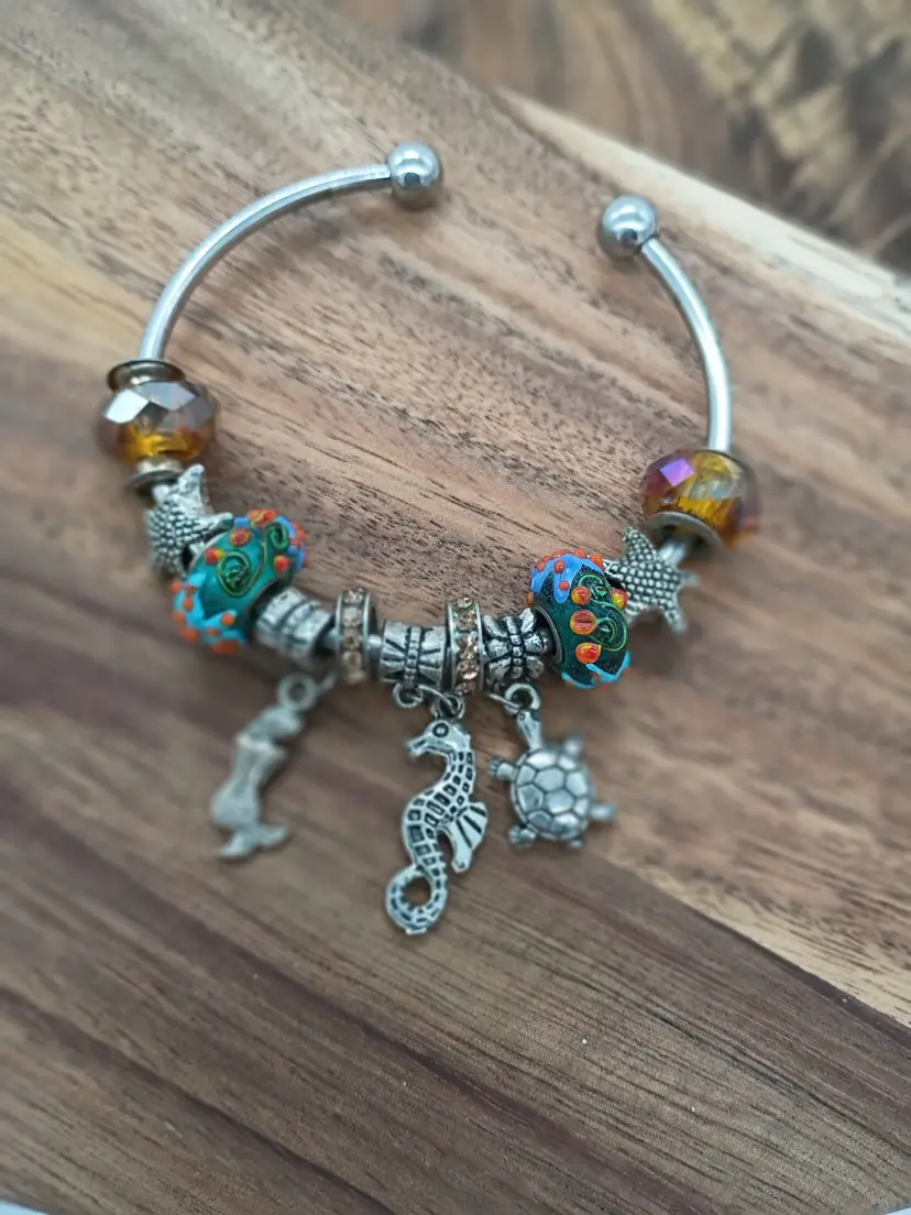 European Cuff Style Charm Bracelet with 11 Charms Silver Tone Mermaids Ocean
