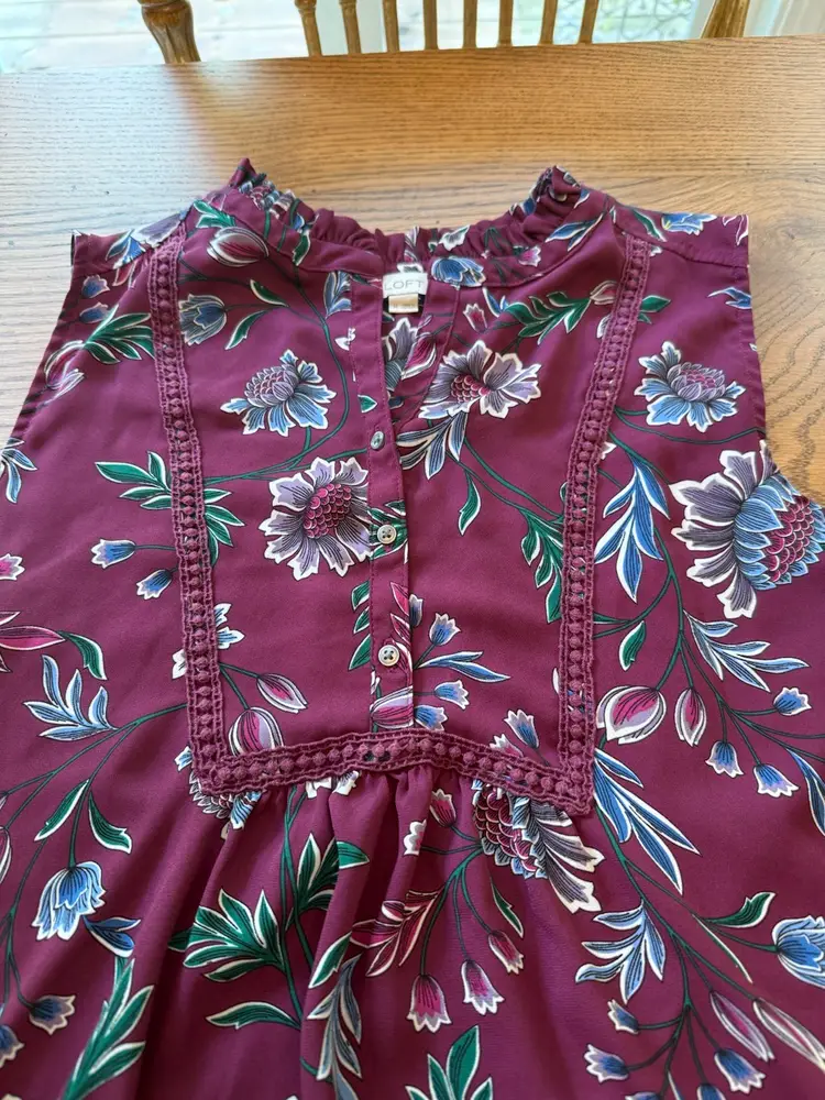 LOFT Plum Color Tie Front Blouse with Mandarin Collar Size Medium