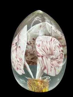 Art Glass Egg Shaped Paperweight With Mushrooms Controlled Bubbles By Norcrest
