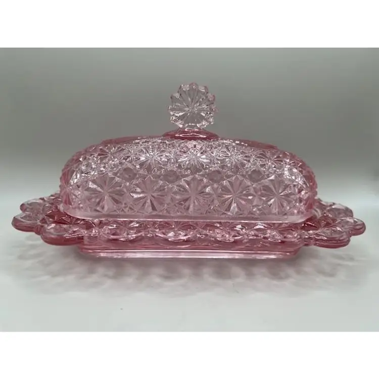 #03 - Vintage LG Wright Daisy & Button Blush Pink Butter Dish ~ UV Reactive ~ 4.25 inches tall, 9 inches long