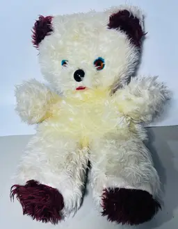 Vintage White & Brown 16" Shaggy Teddy Bear Plush Blue Eyes Needs Repair