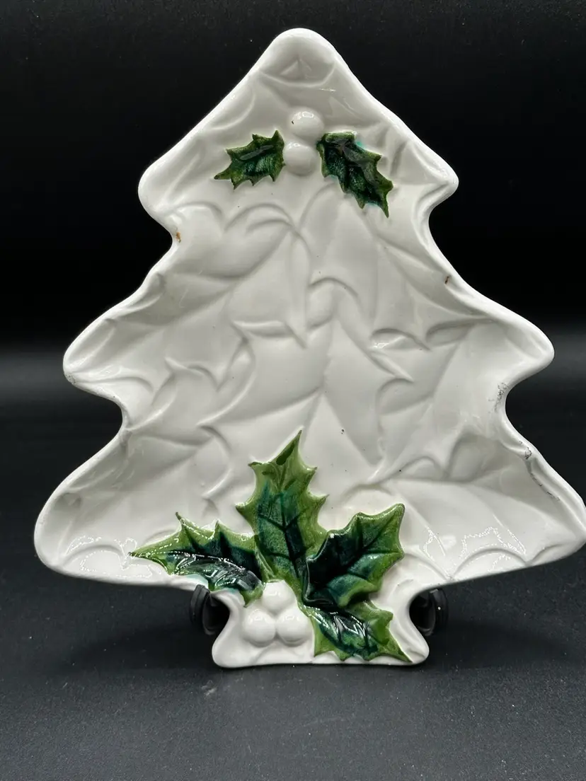 #01 - Lefton White Christmas Tree Platter with Green Holly Leaves