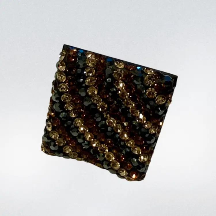 Vintage Hand Carved Wood Poly Rhinestone Crystal Statement Ring, Size 6.5