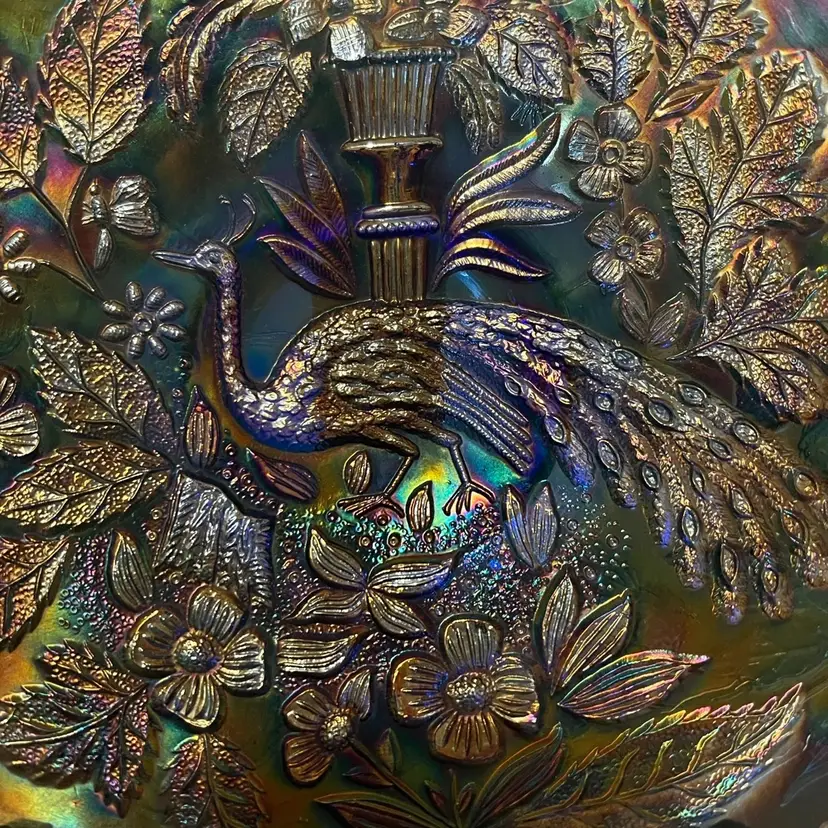 Antique Fenton 9” carnival glass plate with Peacock Urn pattern and ruffled edge Cobalt Blue Base And Beautiful Iridescent Finish. No Issues. Super Rare!