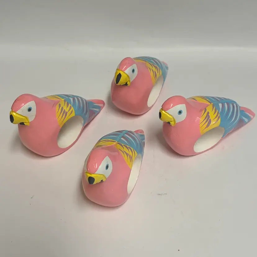 80’s  Vintage Hand Painted/Carved Wood- Set Of 4- Parrot Napkin Holders