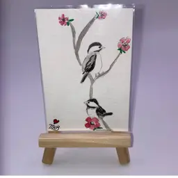 Signed by Artist! Chickadees Hand Painted Miniature Artwork 2 1/2” wide by 3” tall! Includes a mini wood art easel for display!