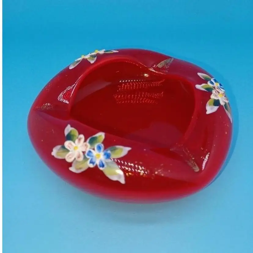 Vintage Hand Painted Bohemian Czech Ruby Red and 22K Gold Dish With Enamel Flowers