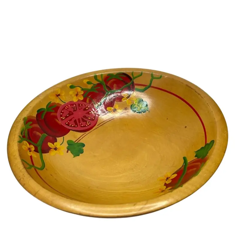 Vintage Hand painted Wooden Bowl 3 Footed @ 10” Diameter