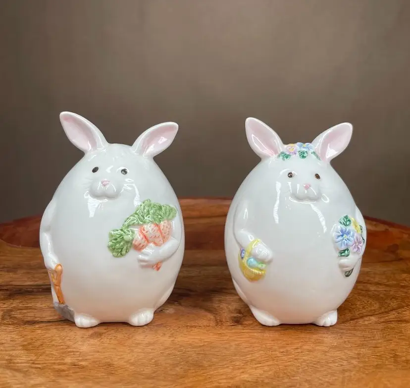 EASTER Cosmos Porcelain Fat Bunny Rabbits Figurines Carrying Carrots Shovel Flowers Easter Egg Basket - 1998