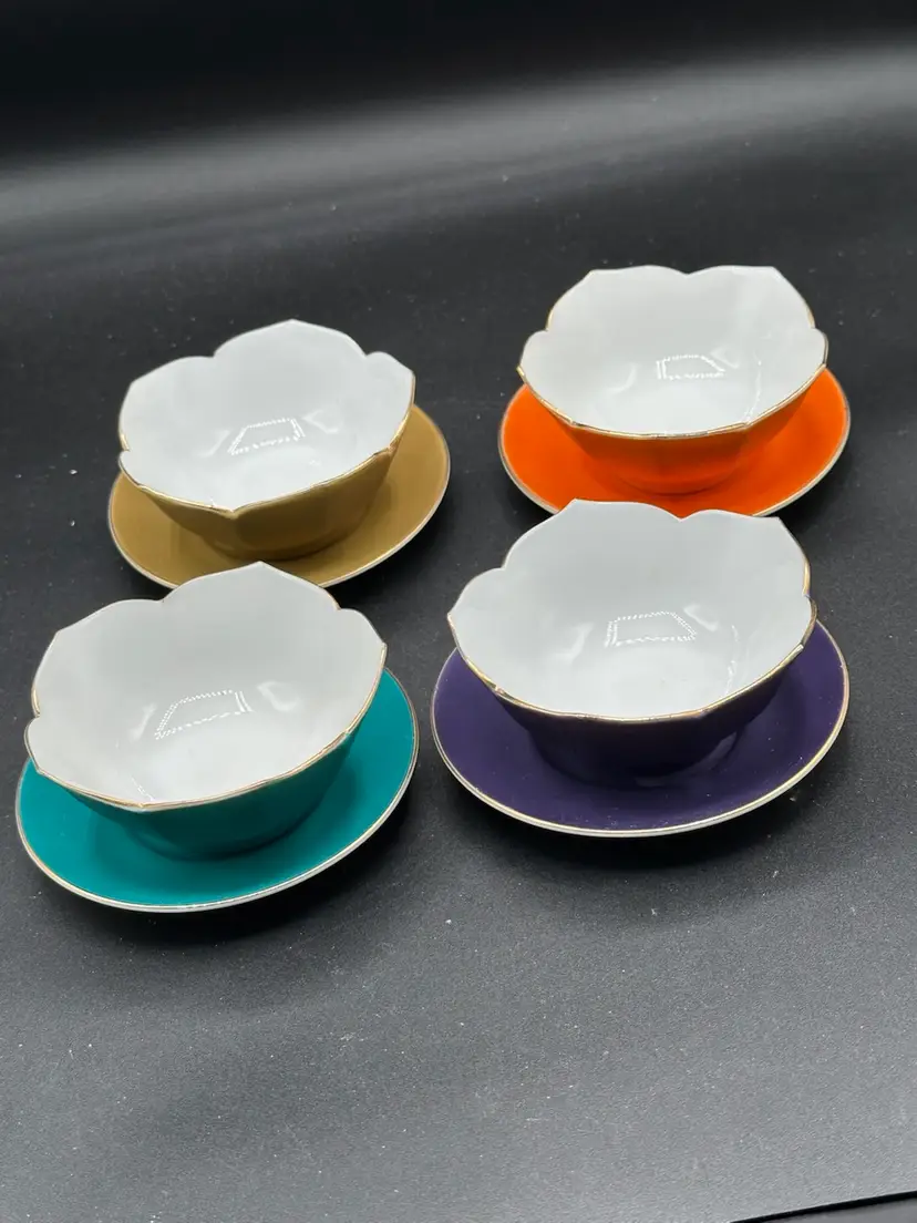 Vintage LOTUS Orange Yellow Teal & Purple PORCELAIN RICE BOWLS ~ Made In Japan ~ Lot