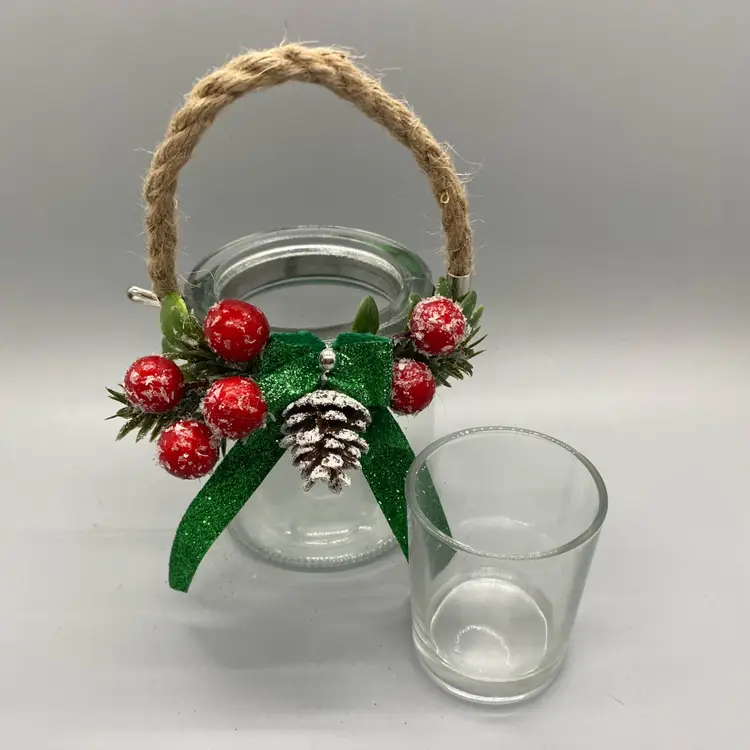 Festive Holiday Glass Jar with Pinecone and Berry Decor Hanging Candle Holder Luminary 3.5"