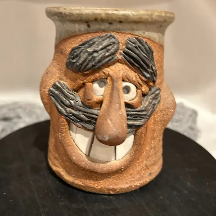 Mark Hines Goofy Mug Pottery Weirdo Grin Mustache Guy Vintage Signed