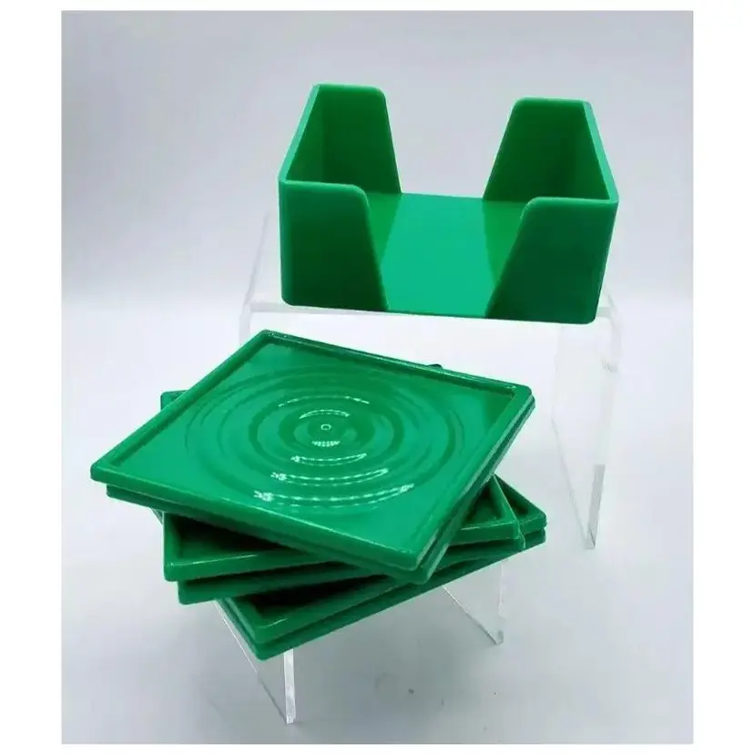 Vintage 1970s Stylesetter Green Circles on Square Coasters In Holder, Case, RARE, Christmas, Barware
