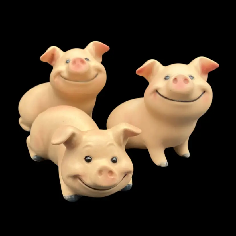 BIN - Three Vintage Smug Ceramic Hand Decorated Pig Figurines A637