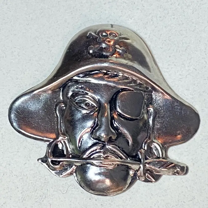 Pirate Face SilverTone Pressed Metal Brooch 1.5”