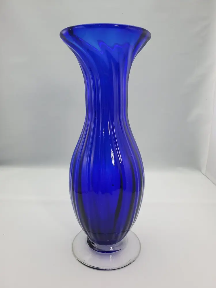 Vintage Handblown Cobalt Blue Ribbed Vase W/ Optic Swirl & Clear Base 12" Tall
