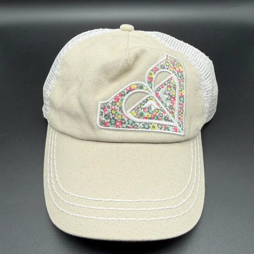 Roxy Hat Womens Baseball Cap Logo Floral Tan White Mesh Snapback Adjustable