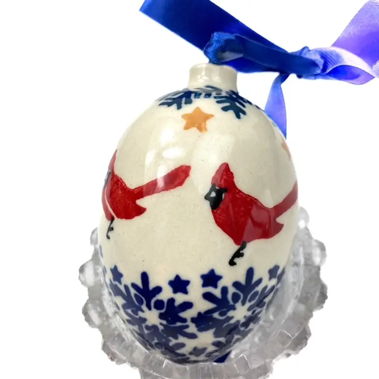 Cardinals Polish Pottery Holiday Christmas Egg Shaped Ornament Snowflakes Birds