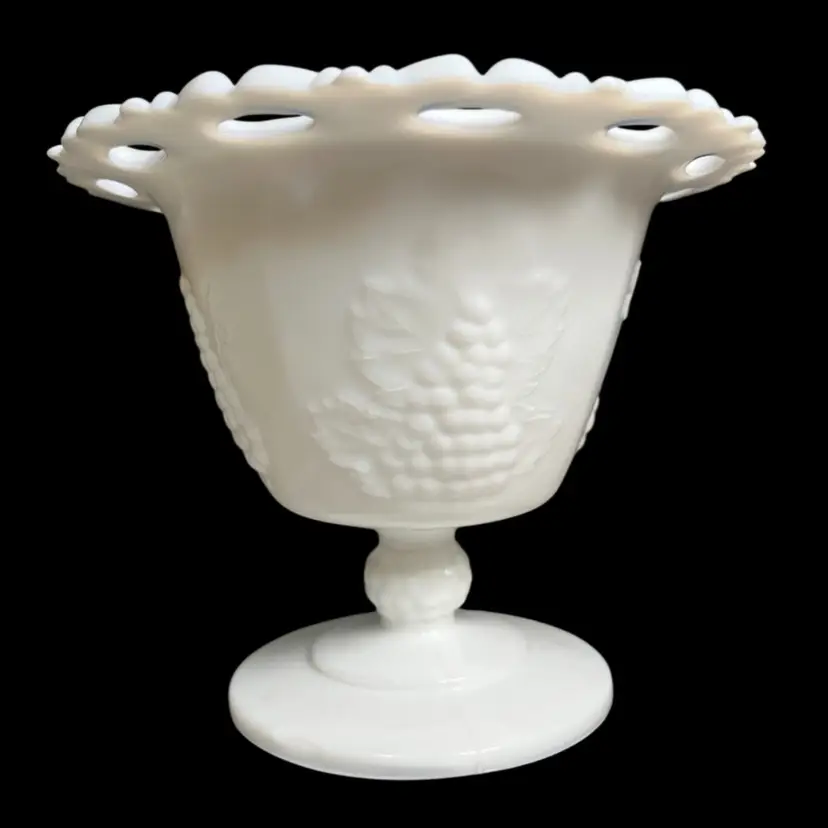 Vintage Milk Glass Compote or Candy Dish Without Lid. Harvest Grape Reticulated Rim & Pedestal