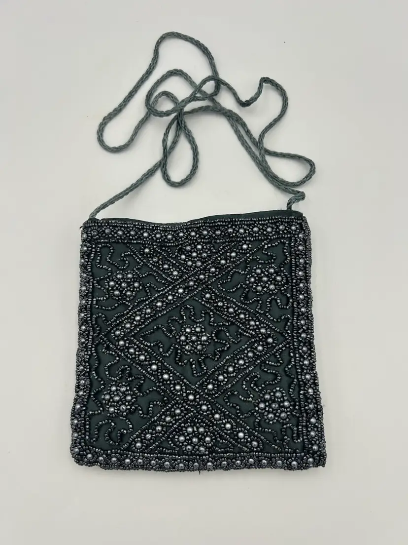 Teal Color seed Bead & Onyx Colored Pearl Bead Shoulder Purse