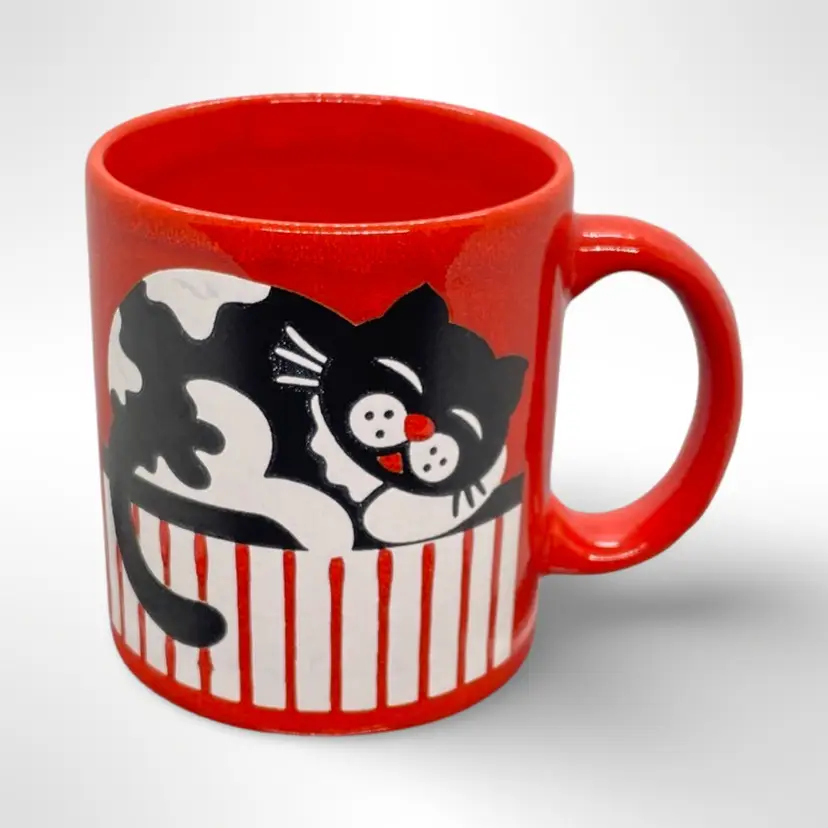 Vintage Waechtersbach Germany Sleeping Cat Coffee Mug Red Mug With Black And White Cat