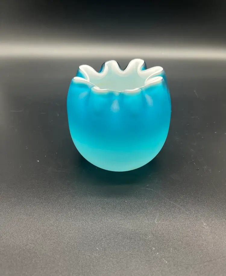 Vintage Mt. Washington Satin Glass Rose Bowl/Vase - Opalescent Blue, Ruffled Top, 4"