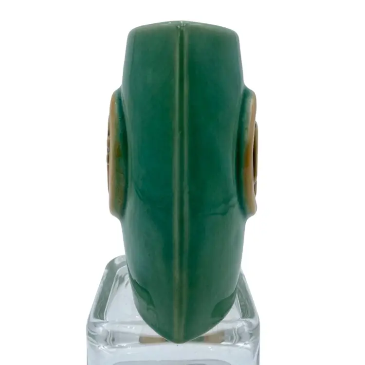 Green Glazed Pottery Vase, Tan Chinese Character for "Wealth", Crimped Oval, 5"