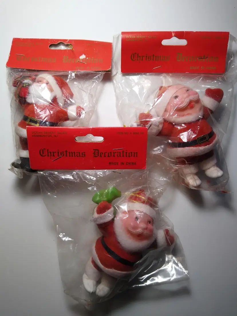Santa Claus Lot Of 3 Christmas Flocked Ornaments Sealed Ocean Desert Sales 1979