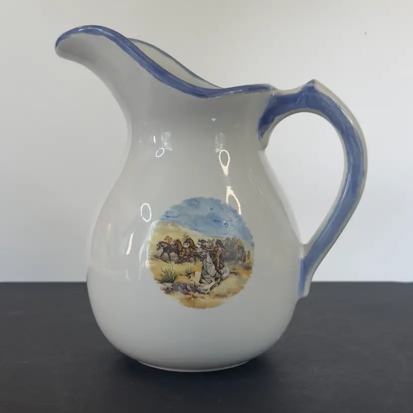 #1132 Antique, 1929, Mallloy Company Usa, Water Jug, Pitcher, Indian Motive, 9x9x5.5”