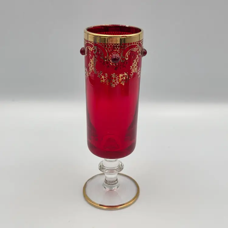 Vintage Czech Bohemian Ruby Red Jeweled Cordial glass with Gold Trim