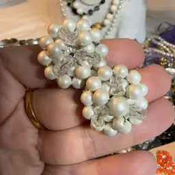 Vintage Japan White Bead And Glass Clip Earrings (TLC)