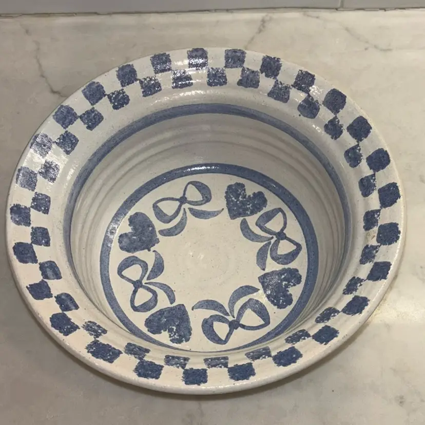 Vintage REIF Pottery Salt Glazed Bowl Hearts & Bow Folk Art