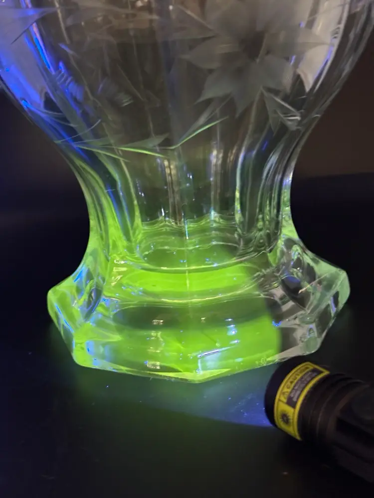 14.5” Heisey Etched Flowers Clear Manganese Glass Basket Vase, Glows Green