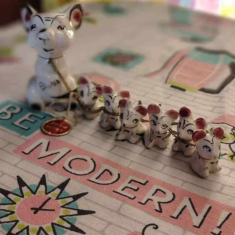 Vintage Mice Figurine Family - Six Babies! | Cute Chained Mouse Family | "Proud Mother" Mama & 6 Tiny Babes | 1960s G. N. Co. Made in Japan