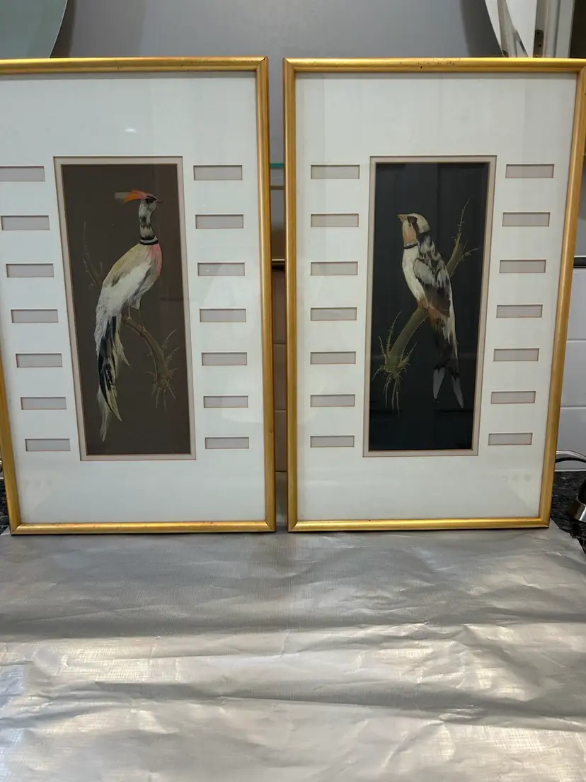 Set Of 2 Vintage Feather Art Paintings Gold Frames
