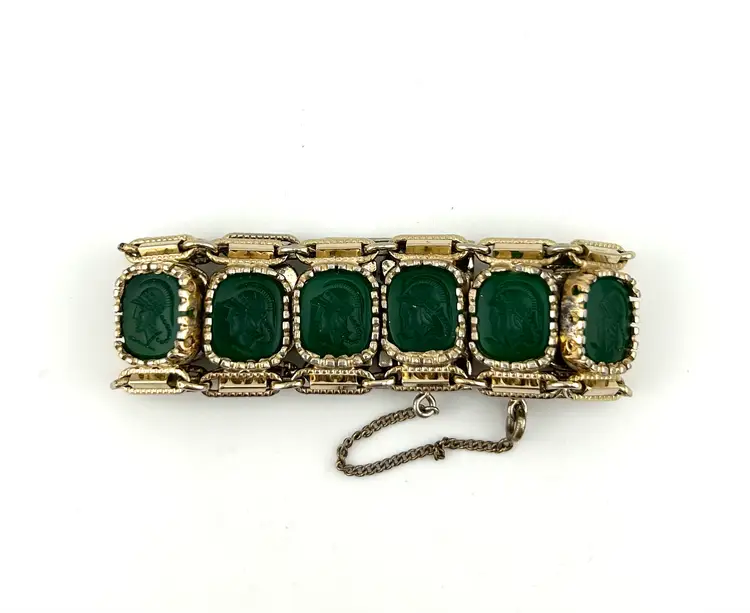 Vintage Gold Tone Green Intaglio Glass Roman Soldier Bracelet Size 7