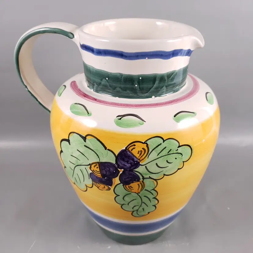 Vintage PIER 1 IMPORTS Hand Painted OAK LEAVES ACORNS Ceramic Pitcher ITALY