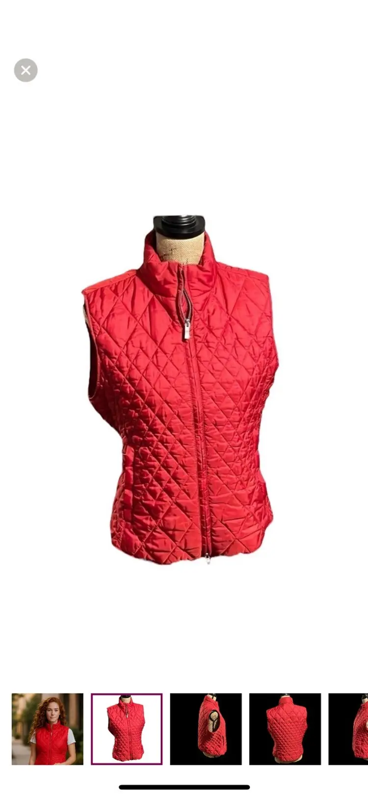 Talbots red quilted puffy zip up vest with zipper pockets and collar.