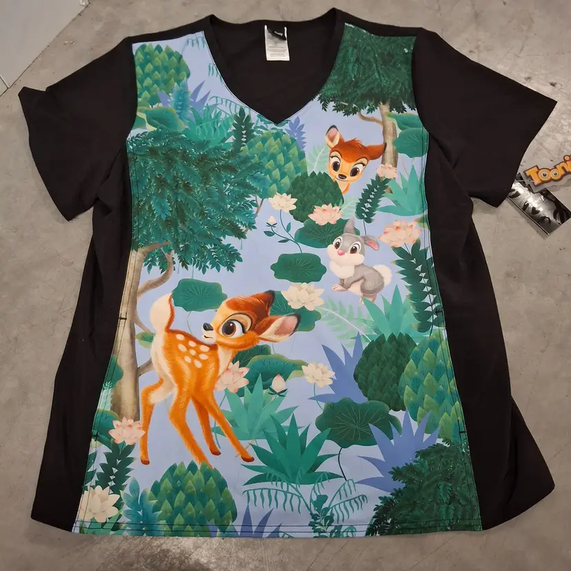 NWT Disney Tooniforms Cherokee Bambi Thumper V-Neck Scrub Top Size L No Pockets