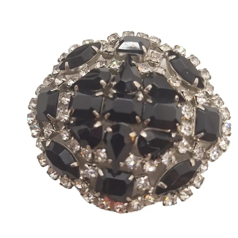 Vtg Dome Oval Black and Clear Rhinestone Brooch Silver Tone