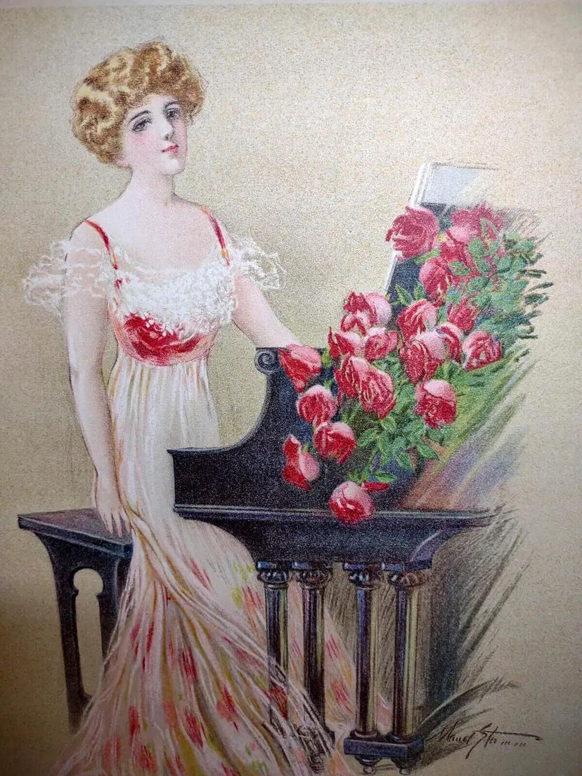 Victorian Art Print Women Musician Piano Player Roses Lithograph 1909 Maud Stumm