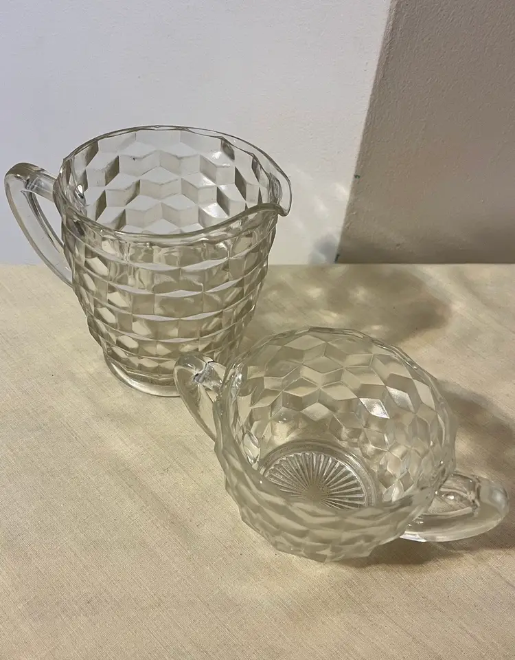 Vintage Cubist Glass Cream And Sugar Set